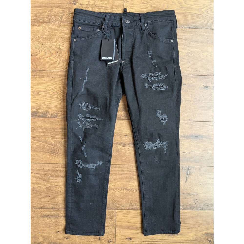 WT DSQUARED2 Men Black Distressed Slim Fit‎ Denim Cropped Jeans Fits 31x26